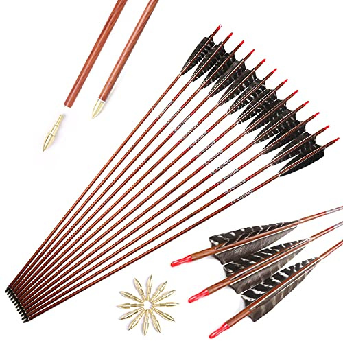 ACCMOS 28-32 inches Spine 400 500 600 700 Wood-like Carbon Arrow ID 6.2mm Hunting Arrow 5 inch Turkey Feathers, for Archery 6/12 pcs