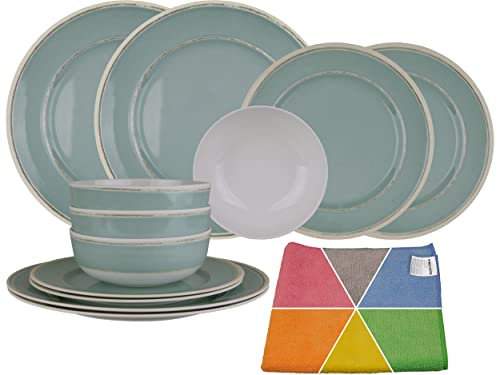 HEKERS Vajilla de melamina 100% New Spring Mint – Juego de 12 piezas de 4 personas – 1 paño de microfibra HEKERS en color aleatorio para exteriores, picnic, camping, apto para lavavajillas