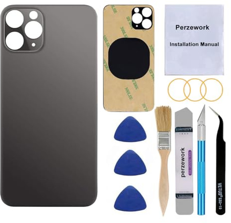 Perzework Repuesto de cristal trasero OEM para iPhone 11 Pro Max de 6.5 pulgadas con kit de herramientas de reparación y adhesivo preinstalado (gris espacial/negro)