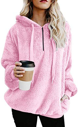 Durio Sweat à Capuche en Polaire pour Femme - Pull Oversize - Hiver Chaud Rose S