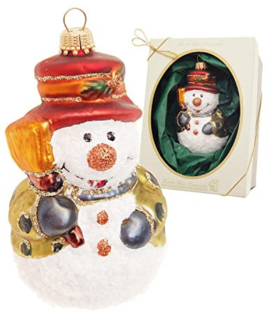 Krebs Glas Lauscha - Weihnachtsdekoration/Christbaumschmuck aus Glas - Schneemann als Anhänger - Motiv: klein mit Besen - Größe: ca. 9 cm - Made in Germany