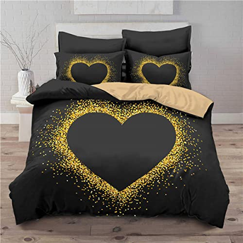 Freyamy 3D Aesthetic Bettwäsche 135x200cm 2teilig Schwarz Gold Herzmotiv Liebe Modern Mikrofaser Kinderbettwäsche Weiche Bequem Einzelbett Bettbezug mit Reißverschluss und Kissenbezug 80x80cm