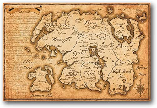 ANMAC Wandkunst auf Leinwand, 70 x 90 cm, ohne Rahmen, NAIKANG The Elder Scrolls – Skyrim Game World Map Poster Prints für moderne Familienzimmer-Dekoration, ästhetische Dedroom-Geschenke