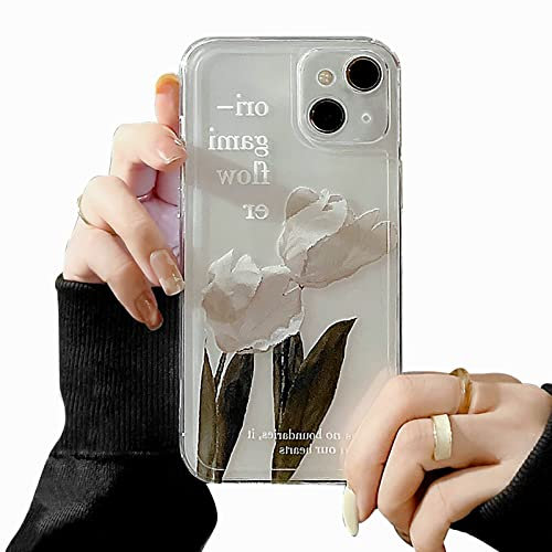 Fycyko Kompatibel mit iPhone 13 Hülle Transparent Aesthetic Blumen Hülle iPhone 13 Schön Weiß Flowers Malen Design Girls Elegant Handyhülle Silikon Soft TPU Dünn Clear Handy Case für iPhone 13