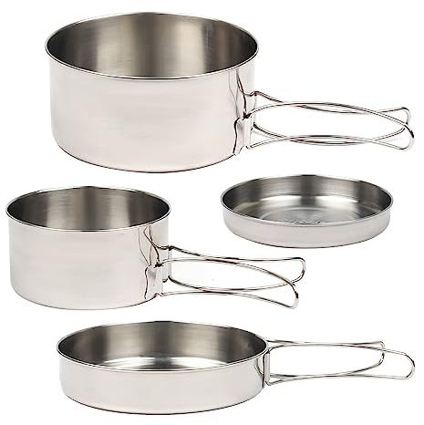 Porssaut 4pcs Camping Cookware Set, Cookware Mess Kit Camping Frying Pan Lightweight Backpacking Cookware Pots and Pans Cooking set Stainless Steel Compact for Picnic Hiking Travel