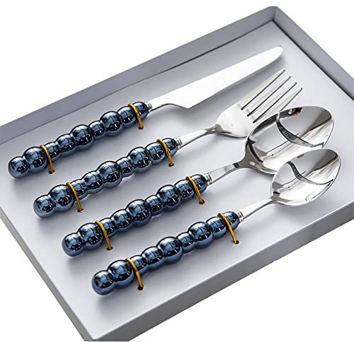 Cutlery Set 4pcs Stainless Steel with Ceramic Pearl Handles - 1 x Forks, 1 x Dinner Knives, 1 x Table Spoons, 1 x Tea Spoons (Black)