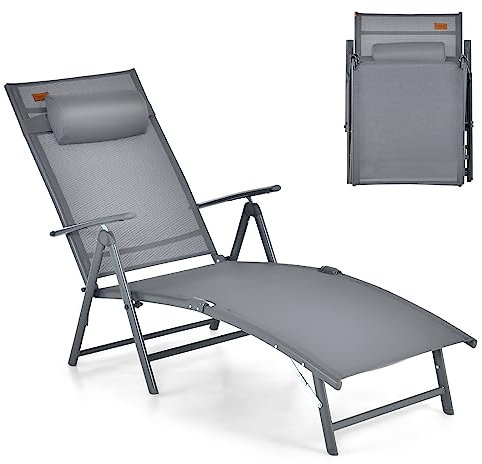 COSTWAY Sonnenliege klappbar, Gartenliege mit Kopfstütze, 7 verstellbaren Rückenlehnen, Klappliege bis 150 kg belastbar, tragbarer Liegestuhl für Garten, Hinterhof, Balkon (Grau)
