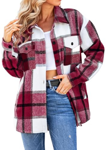 SHEJIZE Women's Casual Shacket Jacket Plaid Shirts Flannel Blouses Button-Down Shirts Wine Red M