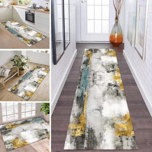 ZDYHMrj Läufer Teppich Flur Küche Waschbar rutschfest 120 * 400cm, Grau Blau Gold Moderne Blattmuster Lang Teppichmatte Dauerhaft Fur Korridor Wohnzimmer Schlafzimmer Meterware Anpassbar