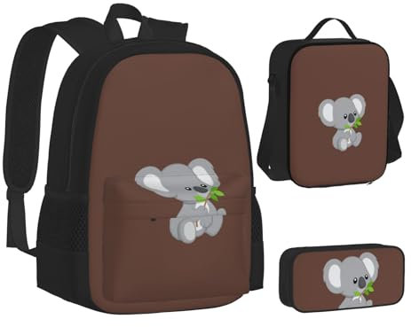 WURTON Koala Eat Leaf Print Rucksack Lunchbox-Set, 3-in-1 Schul-Büchertasche und Federmäppchen, passende Kombination