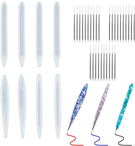 Wekuw 8 Pezzi Stampi in Silicone per Penne a Sfera con 30 pz Ricariche, Stampo Penne Resina, Stampo in Silicone Penna, Penna per Resina Epossidica, Kit Resina per Creazioni Artigianato DIY Penna