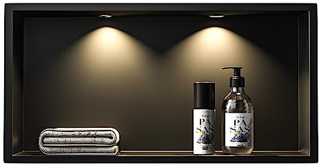 Bernkot Wandnische Dusche Edelstahl mit LED Downlight, 60 cm x 30 cm, Wasserdicht - Keine Fliesen Erforderlich, Badezimmer Lagerung, Nische, Matt Schwarz