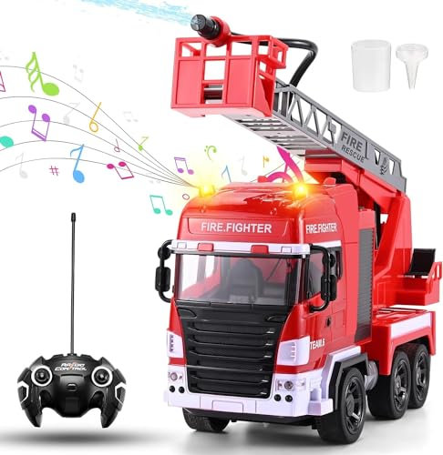 nmoiww Camion de Pompiers, Jouet de Pompier, 1:24, 7 canaux avec Double Batterie, lumière et Son, 3-6-10 avec Fonction de pulvérisation d'eau, échelle, 3-6-10 Enfants (Rouge)