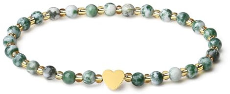 MetJakt Handgemachter Naturstein Perlenarmband 4MM Mini Stretch Armband Energiearmbänder 18k vergoldet Herz Armbänder für Damen Damenschmuck Echtes (Grüne Flecken Jaspis)