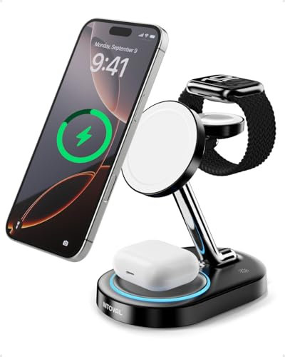 Charging Station for MagSafe Charger,Wireless Charging Station for iPhone MagSafe Charger,Intoval 3 in 1 Fast Magnetic Stand for iPhone 16/15/14/13 Apple Watch, Airpods(Black)