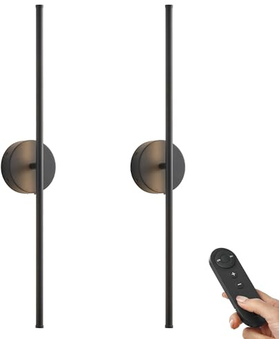 KARTOOSH Battery Operated Wall Sconces with Remote Control, Dimmable Wall Sconces Set of Two, 350°Rotate, 3000K LED Black Wireless Wall Light for Living Room, Bedroom,Hallway, 28.3 Inch (2 Pack)