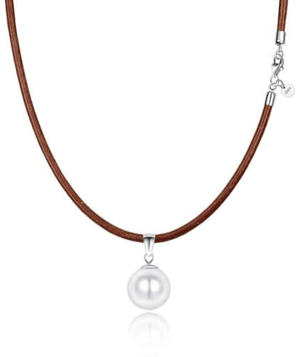 Viwind Perlen Leder Halskette für Damen Echtes Leder 45 cm 925er Silber Verschluss Anhänger Kette 12 mm runde Naturperle Muschelperle (Braun)