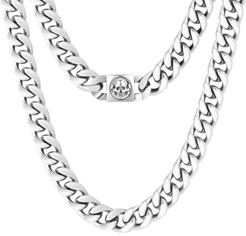 KRKC&CO 12mm Herren Panzerkette mit Totenkopf Verschluss, Weißgold plattiert Cuban Link Chain, Edelstahl Miami Kubanische Gliederkette Silberkette, Hip Hop Halskette für Männer Jungen [Größe 50,8cm]