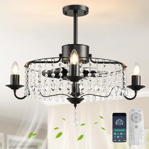 Ganeed Ventilatori da soffitto Lampadario con luci cristallo 50 cm Funzione di temporizzazione 6 velocità del vento con telecomando per sala da pranzo camera da letto nero 4 luci