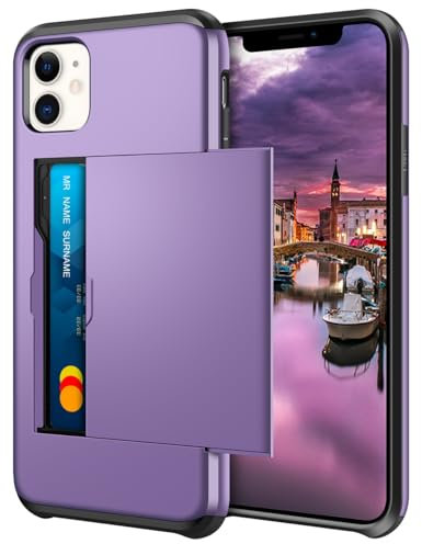 Coolden for iPhone 11 Case Wallet Armor Shockproof Protective Heavy Duty Hard Back Soft Bumper Phone Cases Card Holder Wallet Cover for iPhone 11 Phone Case (Grey Purple)