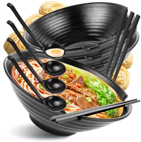 GBACHOOSE Lot de 4 Bol à Ramen 1000 ml, Bols à Ramen Japonais, Bol Ramen avec Cuillère et Baguettes, Bol Ramen Japonais, Grand Bol à Soupe Japonaise, Bol Chinois pour Ramen, Udon, Nouilles Chinoises