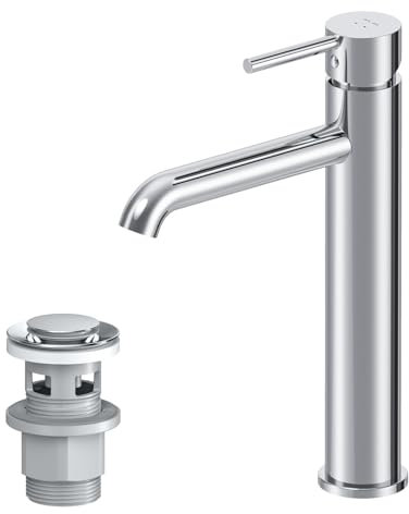 Wasserhahn Bad Hoch, Waschtischarmatur mit Klick-Ablaufgarnitur, Waschbecken Badarmatur, Mischbatterie aus Messing, Einhebelmischer für Badezimmer, Waschbeckenarmatur Chrom, AM.PM Spike