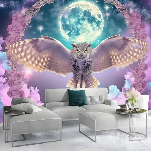 Chambre Papier Peint Panoramique Hibou Animal Lune Floral Poster Geant Papier Peint Intissé Mural Violet pour Salon Canapé TV Fond Décoration Murale 350x256cm