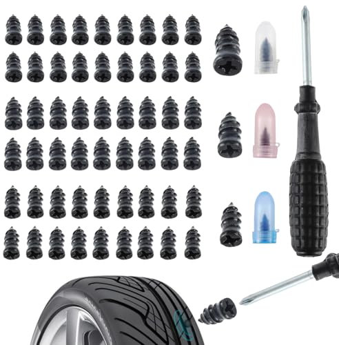 HUAREW 60 Pezzi Chiodi per Riparazione Pneumatici Sottovuoto, Kit Riparazione Pneumatici in Gomma, Fornito con Cacciavite, Chiodi in Gomma a Spirale per Moto Camion Bici scooter ciclomotori