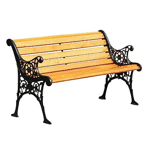 birene Außenbank Terrassenbank for den Außenbereich, Gartenbank aus Holz mit Gusseisenstruktur, geschnitzter Armlehne, langlebige Park-Außenbank for Terrasse, Veranda, Pool, Balkon Gartenbank(150CM)