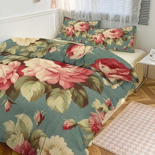Madcolitote Pink Cabbage Roses Bedding Duvet Cover Set 90x90 French Romantic Roses Aqua Duvet Cover 3 Piece Set Decor Soft Double Fibre Cover with Zipper 3 Piece Bedding Full Set