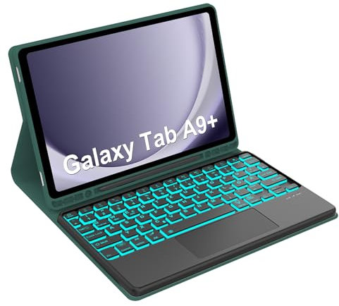 Occtingkind Samsung Galaxy Tab A9 Plus Funda con Teclado Teclado para Samsung Tab A9+ 11 Pulgadas 2023 SM-X210/X215/X216, 7 Colores LED Trackpad, Teclado Bluetooth, QWERTZ, Magnético, Verde Oscuro