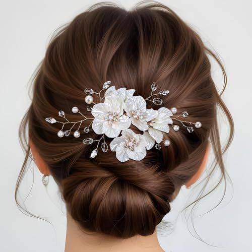 Lot de 2 accessoires de cheveux de mariage - Accessoires de cheveux en perles - Pinces à cheveux florales - Accessoires de cheveux - Épingles à cheveux à fleurs blanches - Pour mariage et femme