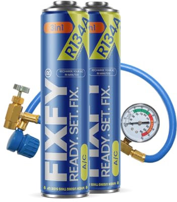 FIXFY 3 en 1 Réfrigérant R134a de rechange, 2 x 500 ml, avec huile et joint, kit avec tuyau et manomètre, pour climatisation automobile (modèles 1995 à 2016)