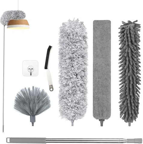 Fogray Staubwedel Teleskop Waschbar Duster Lang Ausziehbar Bis 254cm, Spinnenwebenentferner Staubwischer mit Teleskopstange, Staubfänger für hohe Decken Deckenventilator Lücken(Grau, 7PCS)