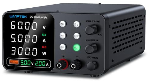 WANPTEK POWER Fuente Alimentacion Regulable, Fuente Laboratorio 60V 5A Ajustable con 3 Memorias y llave de bloqueo, Protección OCP/Salidas/Carga Rápida USB con Pantalla