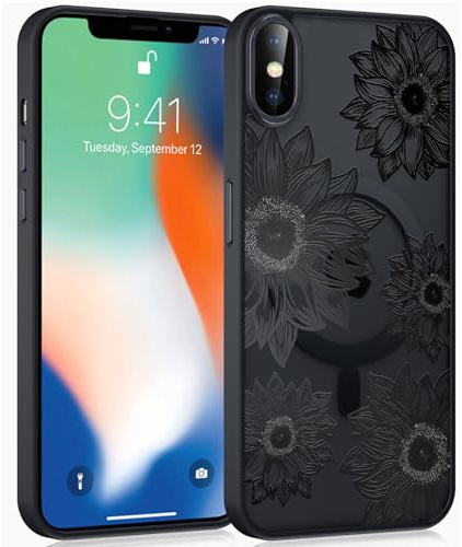 Coiwxmoi Magnetische Handyhülle für iPhone XS Max 6,5 Hülle, Kompatibel mit MagSafe, Aesthetic Blumen Muster Transluzente Mädchen Case, Matte PC TPU Bumper Stoßfest Schutzhülle Cover - Schwarz 01