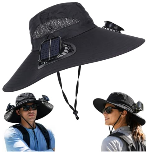 Solar Powered Fan Hat, Fan Wide Brim Sun Hat 2 Solar Cooling Bucket for Men Women Adjustable Sunhat for Hiking Fishing Camping Beach Home