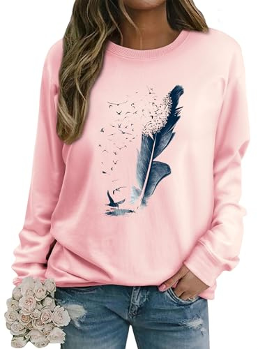 Dresswel Pullover Damen Feder Drucken Sweatshirt Langarmshirt Rundhals Langarm Shirts Herbst Winter Pulli Tops Oberteile Bluse(Rosa,L)