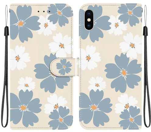 Draamvol for iphone X, iphone XS Case, Wallet Shockproof Flip PU Leather Shell with Card Holder Kickstand Magnetic Closure Soft TPU Bumper Protective Phone Cover for iphone X/XS, Blue Daisy