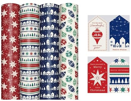 4 x 4M Rolls Of Christmas Wrapping Paper - Traditional Nordic Designs - Festive Scandi Wrap - blue houses, stars, baubles, red white and blue wrap - 16 Matching Luggage Style Gift Tags