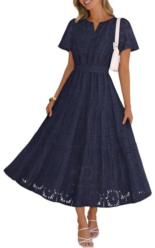 MEROKEETY Women's Summer Floral Eyelet Lace Maxi Dress 2026, Navy, M | Short Sleeve, Tiered Flowy, Boho Beach Vacation, A Line, Elastic High Waist, V Neck, Side Pockets, Elegant Formal Long Dress