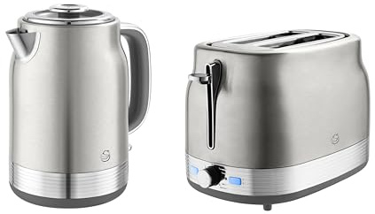 Swan Retro Revive Kitchen Set, 1.7L Rapid Boil Jug Kettle and 2 Slice Toaster, 930W, Stainless Steel, SK19025SS & ST19028SS