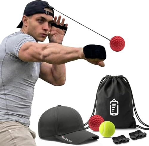 Reflex Ball Hat Kit for Boxing – 2 Speed Levels, Click-to-Adjust Metal Lock & Knuckle Guards | Cotton Hat Punch Ball Set for Reaction Time, Speed & Coordination Training | PunchLab App Compatible