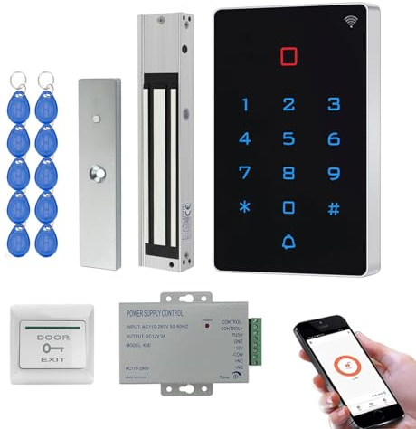 Kit contrôle d’accès WiFi Tuya RFID – Clavier à Code Tactile rétroéclairé IP68, Ventouse électromagnétique 280KG (600LBS) NC Fail Safe, Alimentation DC12V, Bouton de Sortie + 10 Badges RFID 125kHz(9)