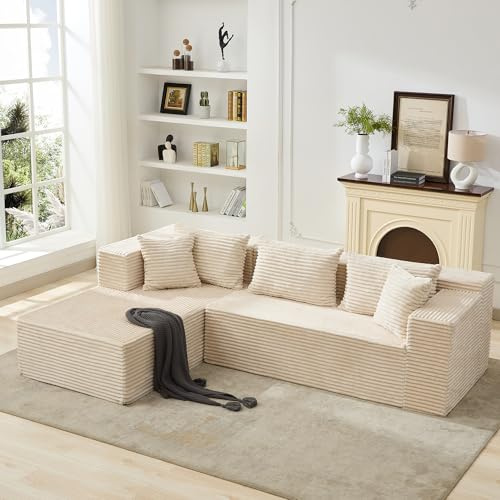 GarveeHome Gemütliches Cloud Ecksofa – 106 Modulares L-förmiges Sofa für Wohnzimmer – Tiefe Sitzfläche, Boneless Design, linksseitige Chaise, Cord-Stoff, 5 Kissen, kein Aufbau nötig – Beige