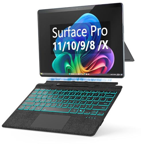 Microsoft Surface Pro 11 Teclado para Surface Pro 11/10/9/8/X, teclado Microsoft Surface Pro de 13 pulgadas con almacenamiento delgado para bolígrafo, con retroiluminación de 7 colores y panel táctil