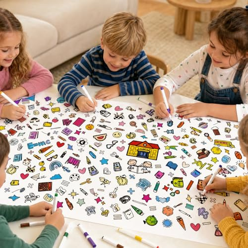 ARTREE Ausmal-Tischdecke Schulanfang mit 12 Stiften – 183 x 76 cm Mal-Tischdecke Kinder, Einschulung Deko, Beschäftigung für Schule, Kindergeburtstag, Schultüte Geschenk, Kreatives Ausmalset