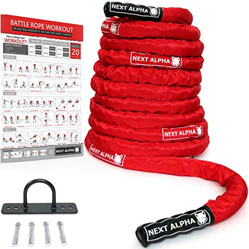 Next Alpha Battle Rope - Corde Ondulatoire - 38mm/50mm, 9m/12m/15m - Manche de Protection - Fixation Murale - Workout Instruction Poster