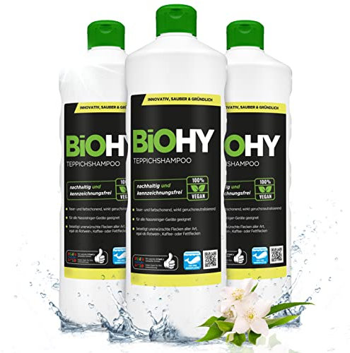 BiOHY Teppichshampoo (3 x 1 Liter) | Teppichreiniger Konzentrat | ideal gegen hartnäckige Flecken | materialschonend & tierfreundlich | effektives Bio Mittel | kraftvoller Teppich Schaum