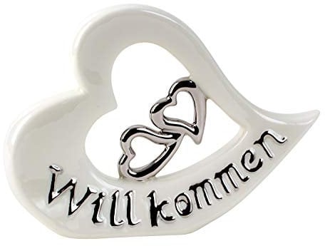 Lifestyle & More Moderne Skulptur Dekofigur Herz aus Keramik weiß und Silber 22x16 cm
